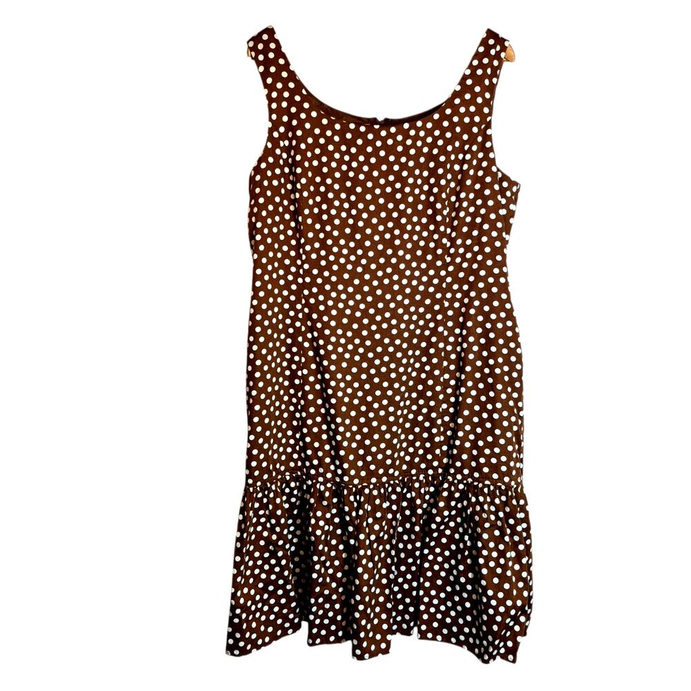 Vintage Talbots Drop Waist Ruffle Bottom Sleeveless Dress Brown Wht Polkadot 18